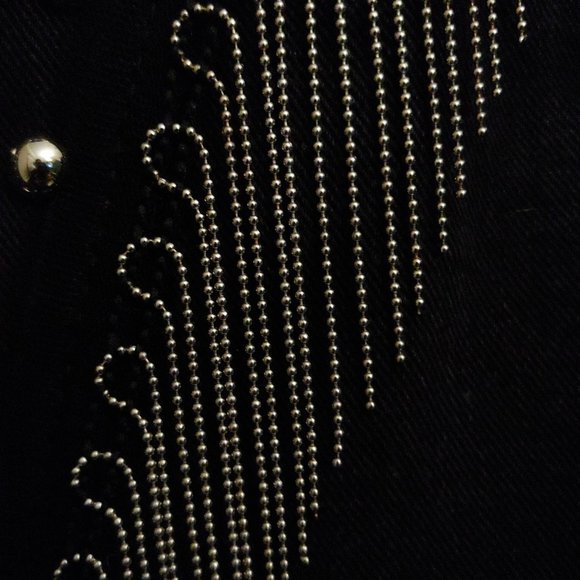 Denim Jacket Fully Studded Chain Fringe Mrs Easterling Black pockets Button down - Picture 14 of 16
